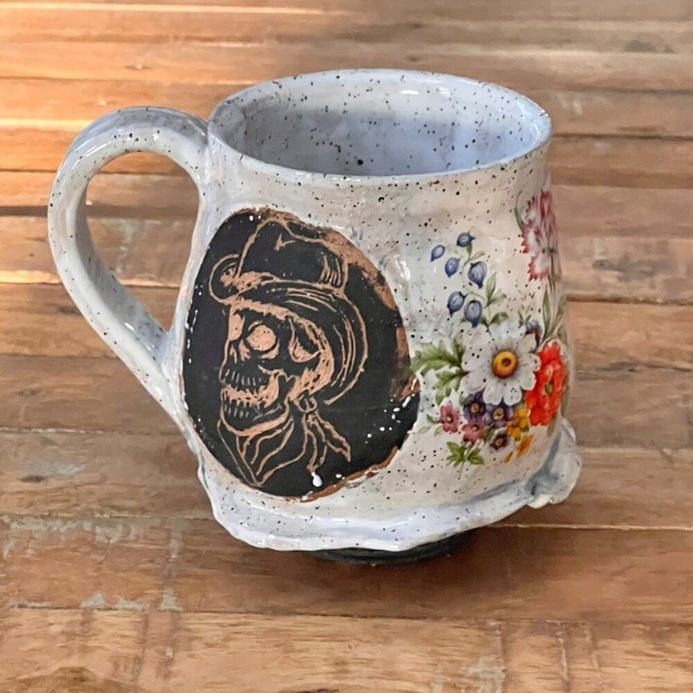 Unique Handmade Ceramic Coffee Mug 4.5" Speckled Floral Etched Skull Design